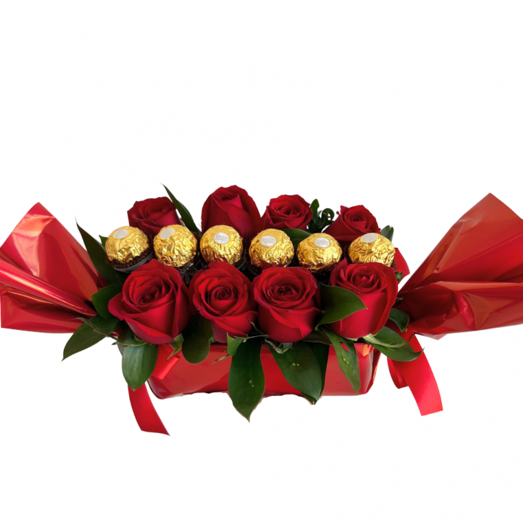 Arranjo de rosas com chocolate - encantador Arranjo de rosas com chocolate - encantador
