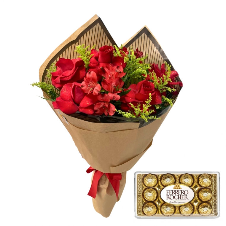 Buquê com 6 rosas vermelhas e chocolate