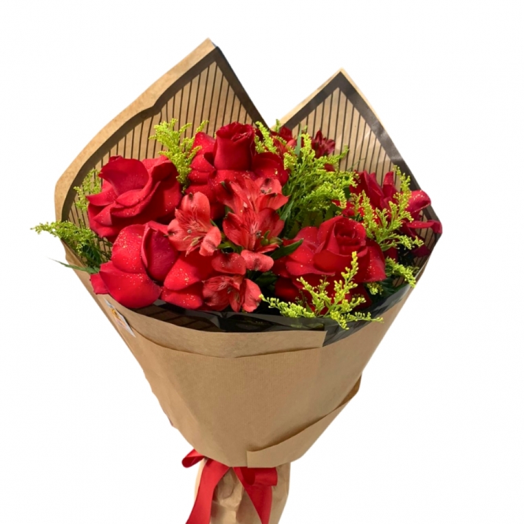 Buquê com 6 rosas vermelhas e chocolate
