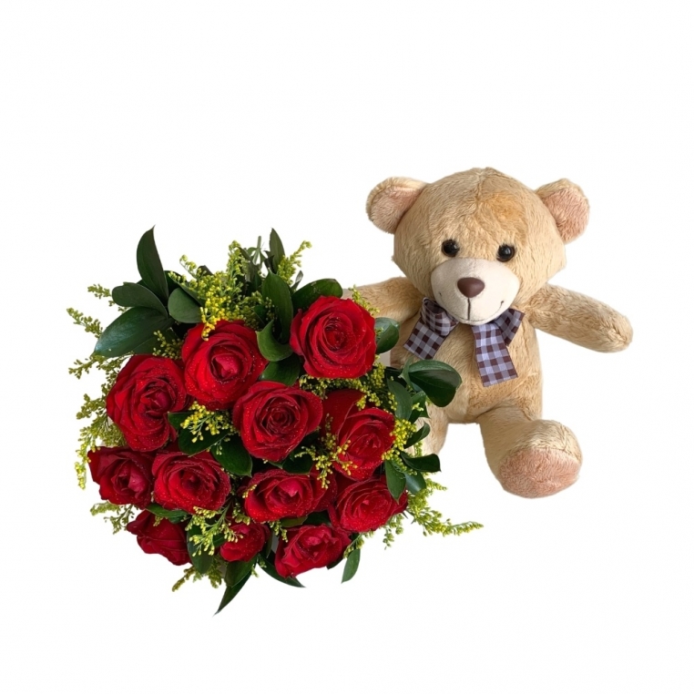 Buquê com 12 rosas vermelhas e pelúcia Buquê com 12 rosas vermelhas e pelúcia