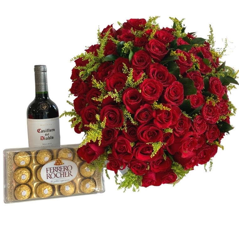 Buquê com 100 rosas vermelhas com vinho e Ferrero Rocher